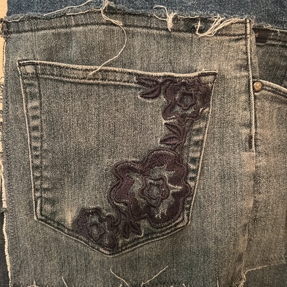 Handmade upcycled boho fringe and crochet patched tattered denim duster jacket - Picture 15 of 17